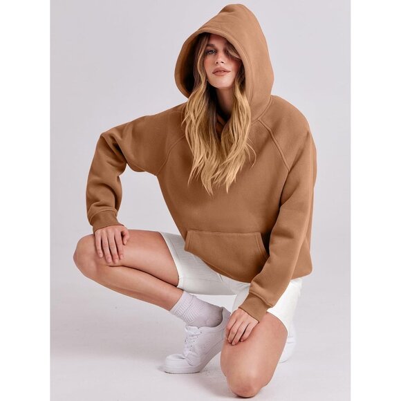 Women Light Brown Hoodies Oversized Fleece Long Sleeve Comfy Casual Sweatshirts - Picture 7 of 9